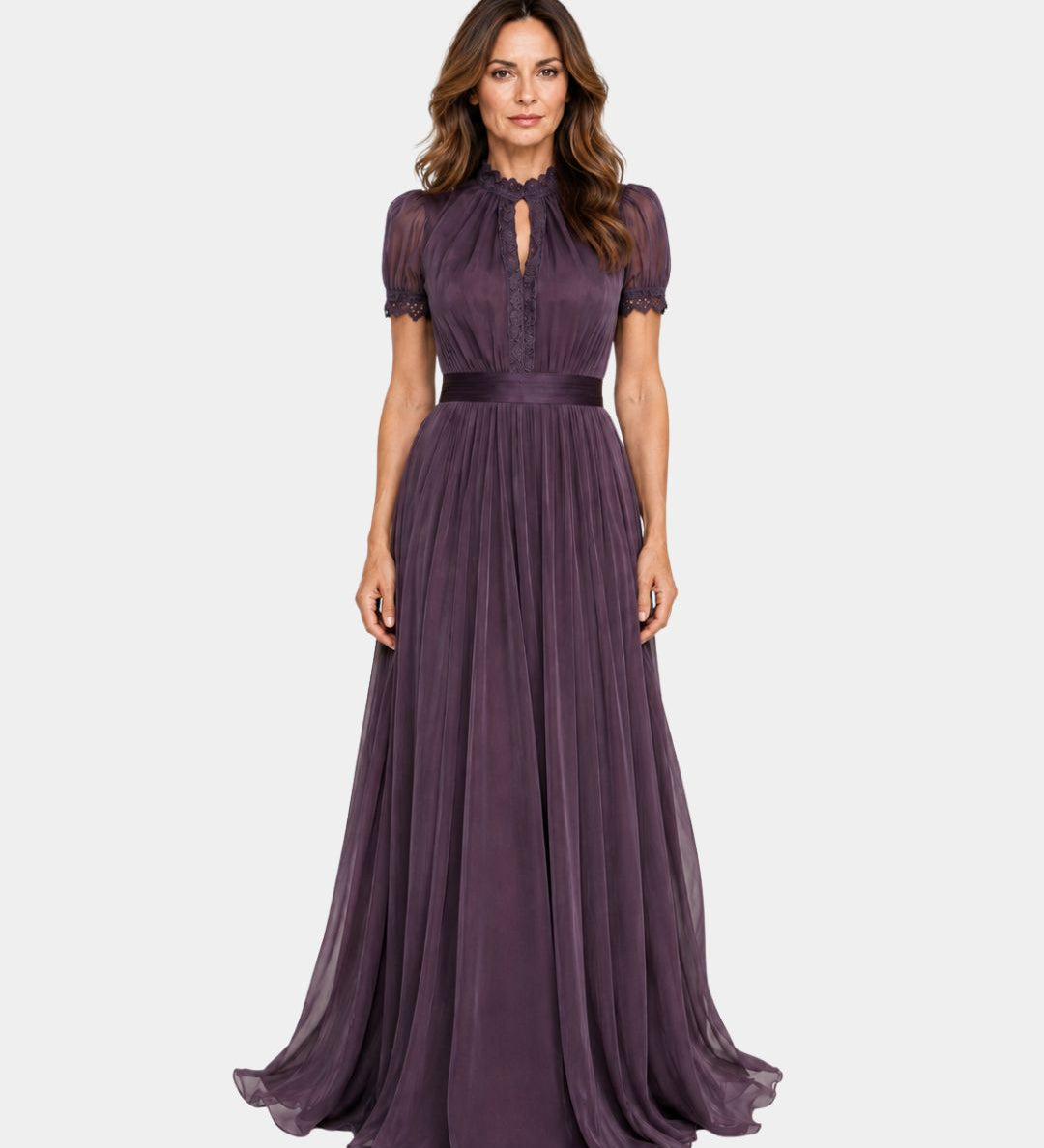 Purple chiffon-lace dress with high neckline, puff sleeves, pleated full skirt