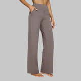 Dark gray wide-leg trousers with high rise, straight fit, and side seam pockets.