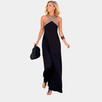Maxi dress with crossed halter straps, dark sleeveless with side slit