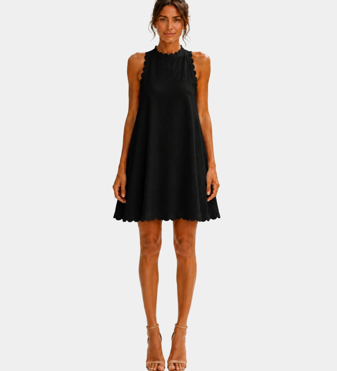 Black minimalist short dress, sleeveless high neck with scalloped hem