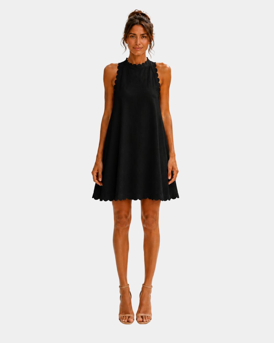 Black minimalist short dress, sleeveless high neck with scalloped hem