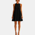Black minimalist short dress, sleeveless high neck with scalloped hem