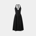 Black halter V-neck maxi dress with gathered waist and flared skirt