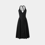 Black halter V-neck maxi dress with gathered waist and flared skirt