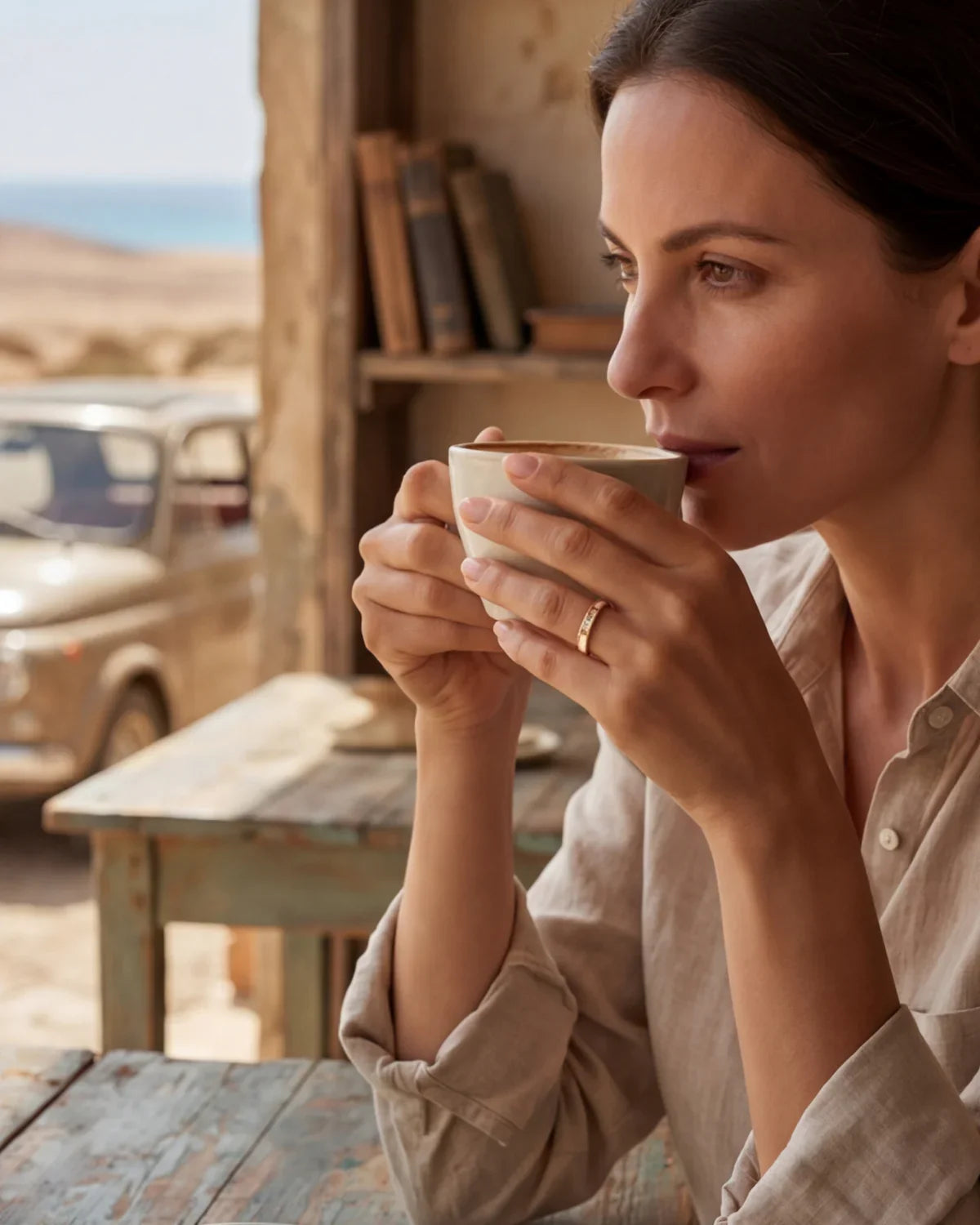 Gold ring with clear stones, visible while a woman holds a cup