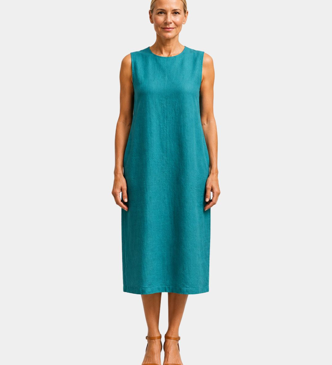 Sleeveless blue midi dress with round neckline and straight hem