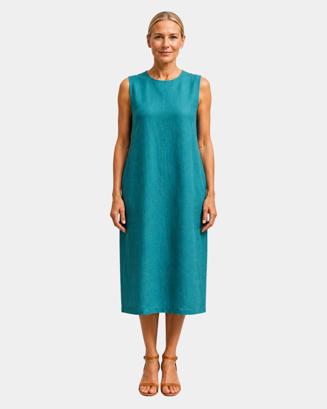 Sleeveless blue midi dress with round neckline and straight hem