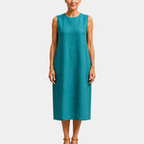 Sleeveless blue midi dress with round neckline and straight hem