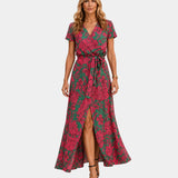 Women's wrap V-neck midi dress with short sleeves, green-and-pink floral print, slit