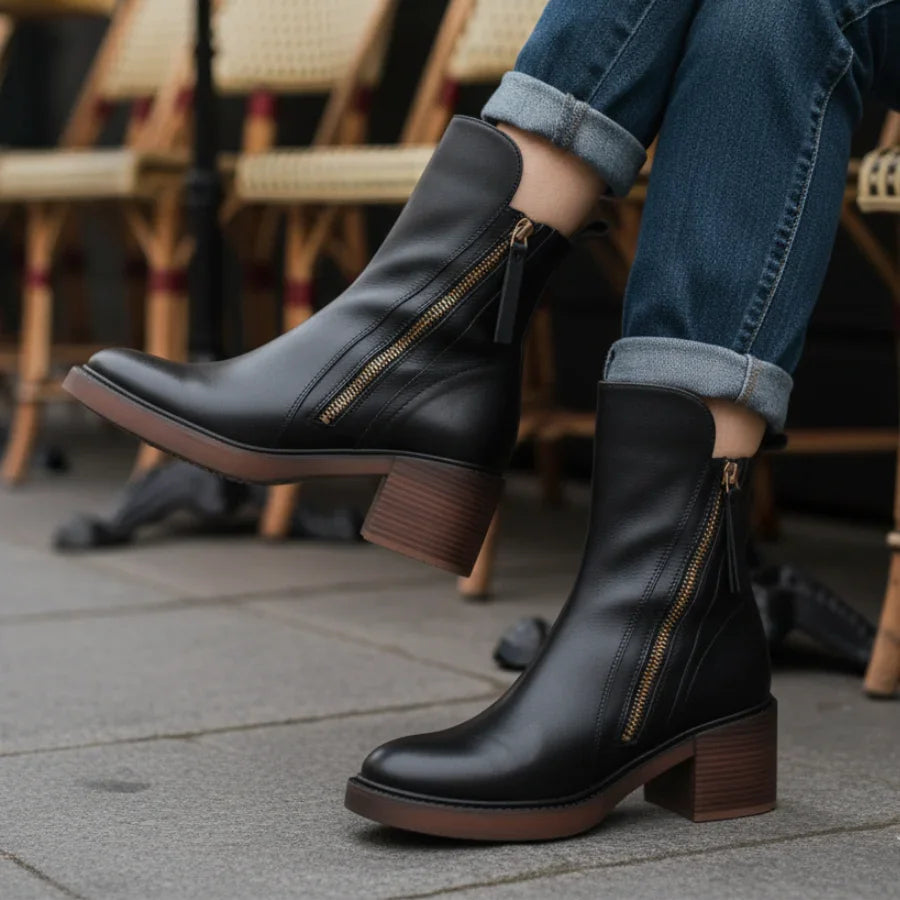 Black leather ankle boots with side zipper, brown block heel, rounded toe