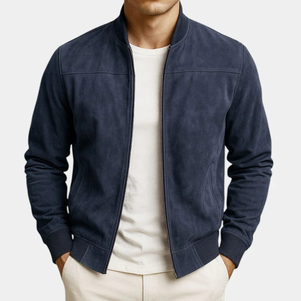 Suede bomber jacket in navy with stand collar and front zip