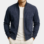 Suede bomber jacket in navy with stand collar and front zip