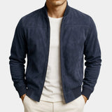 Suede bomber jacket in navy with stand collar and front zip
