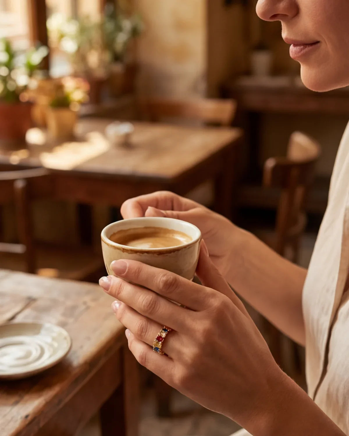 Gold band ring with multicolored stones on finger near coffee cup