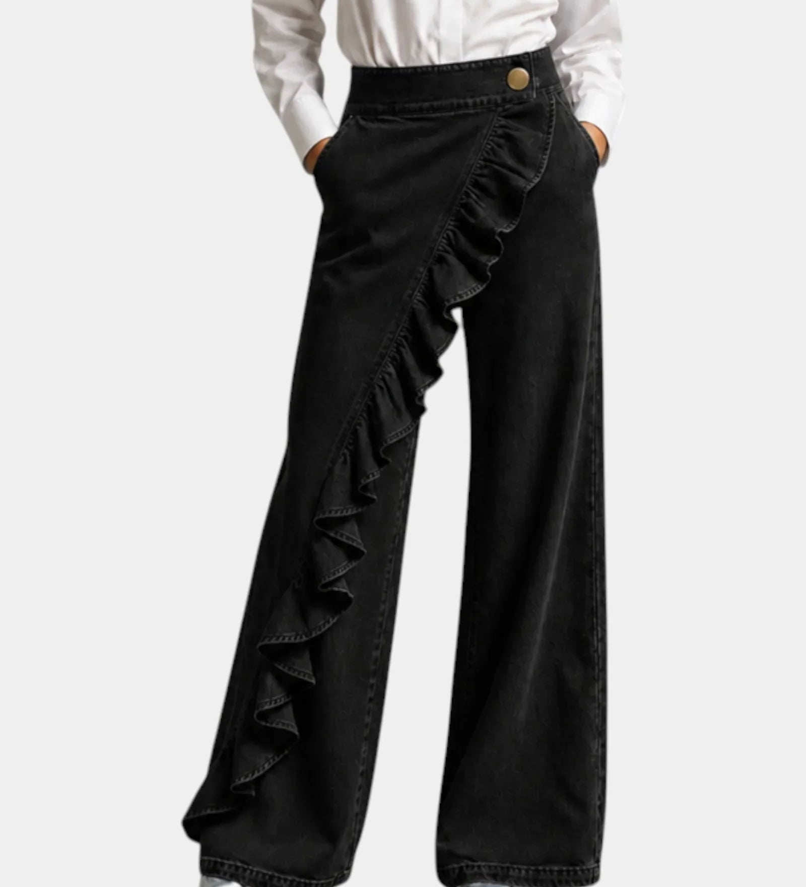 Black ruffle-front wide-leg denim pants with gold button closure