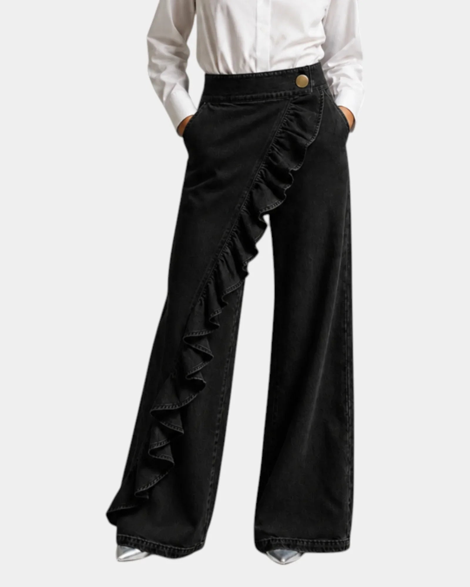 Black ruffle-front wide-leg denim pants with gold button closure