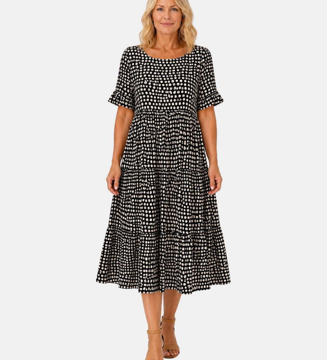 Black polka dot lightweight dress with short sleeves and gathered waist
