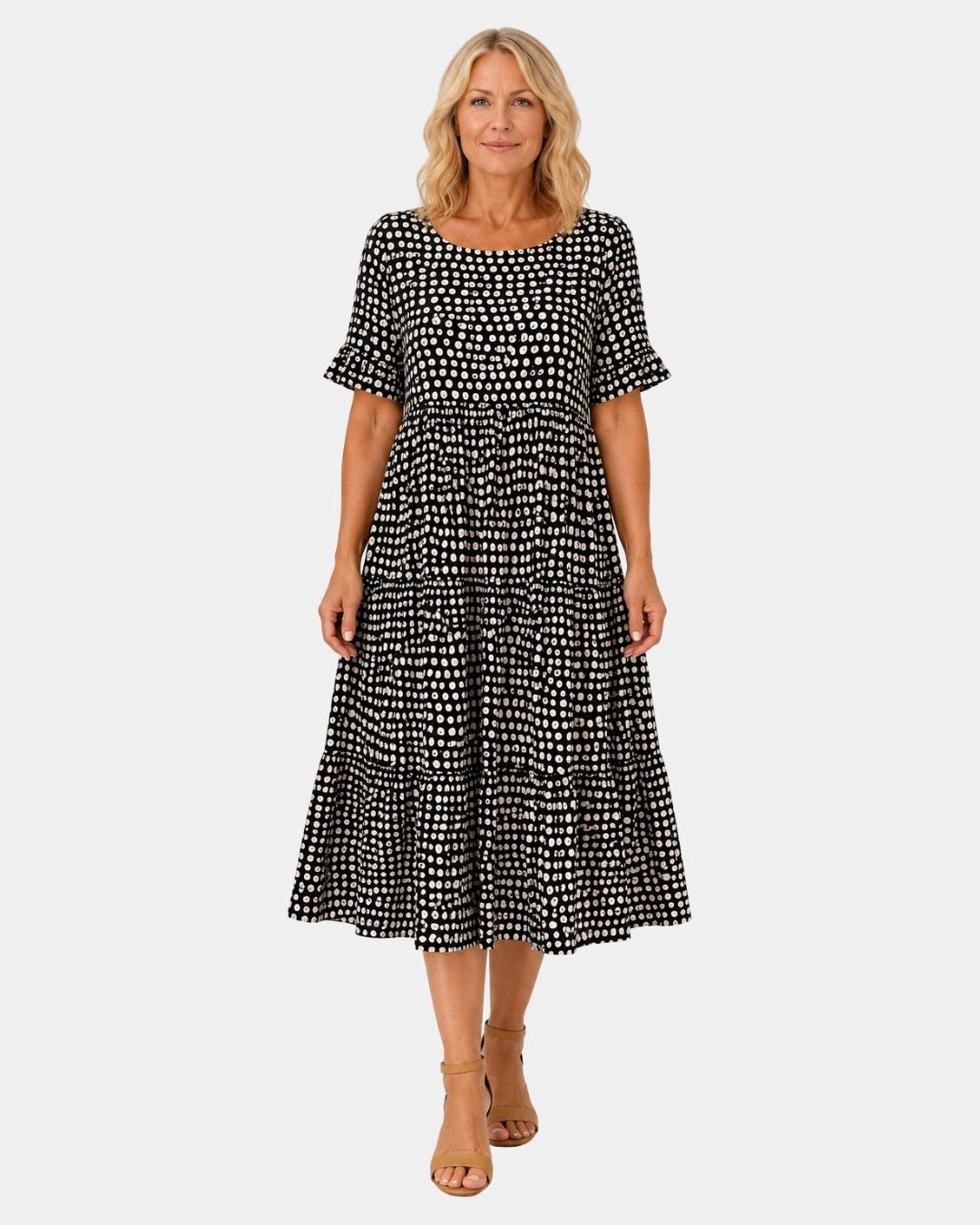Black polka dot lightweight dress with short sleeves and gathered waist