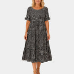 Black polka dot lightweight dress with short sleeves and gathered waist