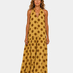 Sleeveless casual dress, mustard yellow with large dark polka dots and v-neck