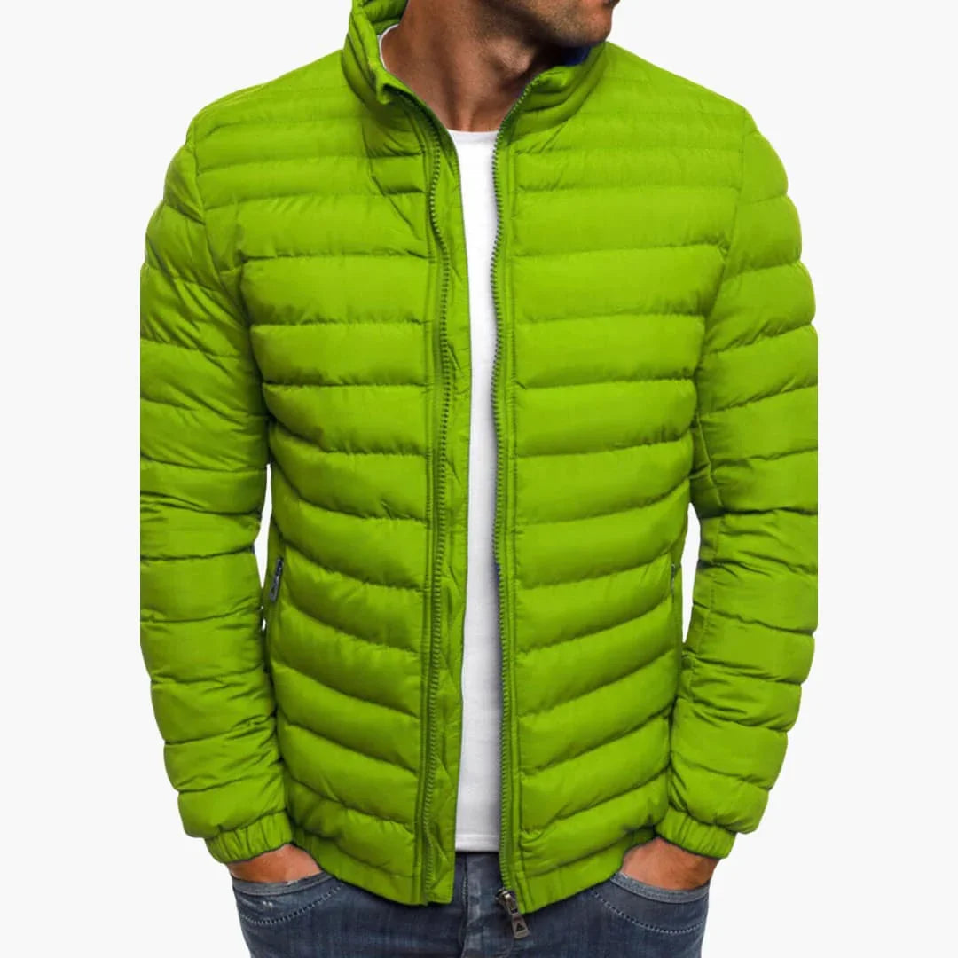 Green puffer down jacket with full zip front and stand collar.