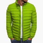Green puffer down jacket with full zip front and stand collar.