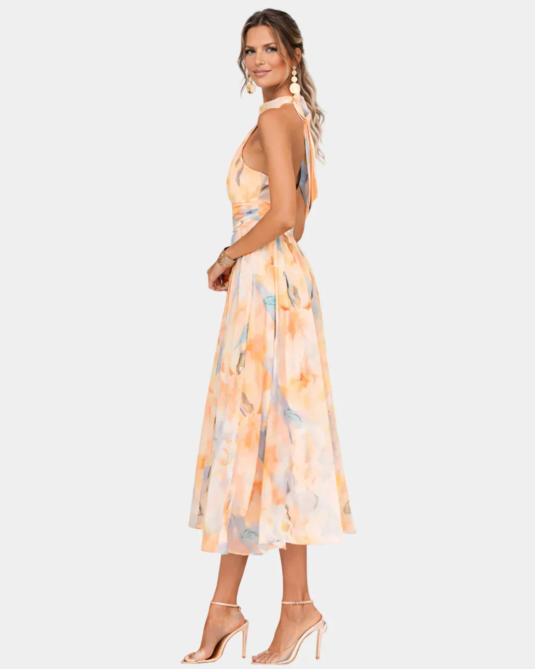 Halter neck watercolor print midi dress, high neckline, sleeveless, peach and light blue