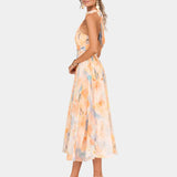 Halter neck watercolor print midi dress, high neckline, sleeveless, peach and light blue