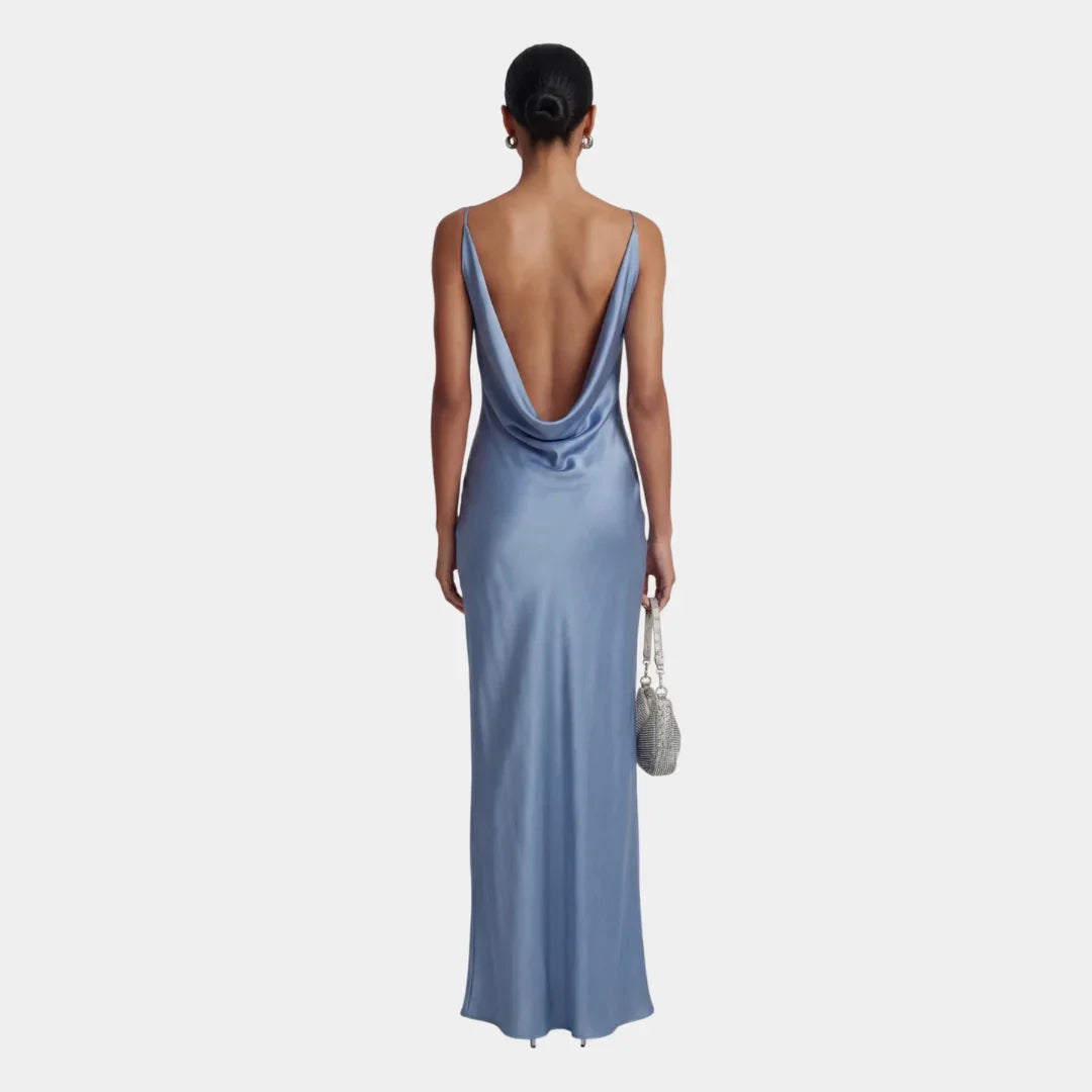 Women's blue satin maxi dress with open cowl back, sleeveless