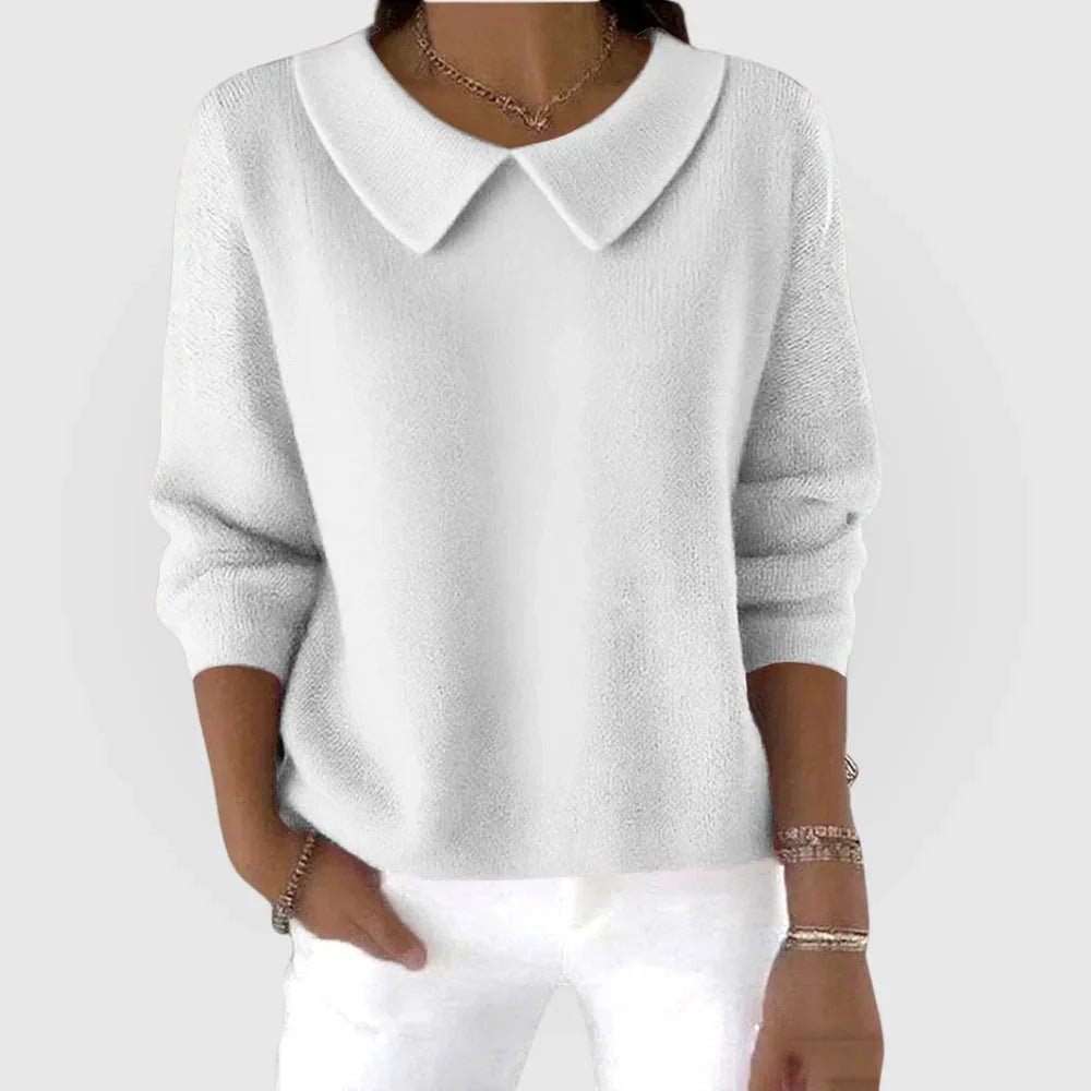 White classic sweater with collared V neckline, 3/4 sleeves