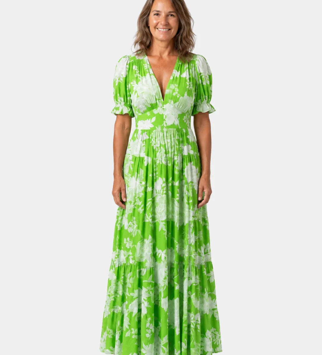 Green floral long dress with V-neck, short puff sleeves, tiered maxi skirt