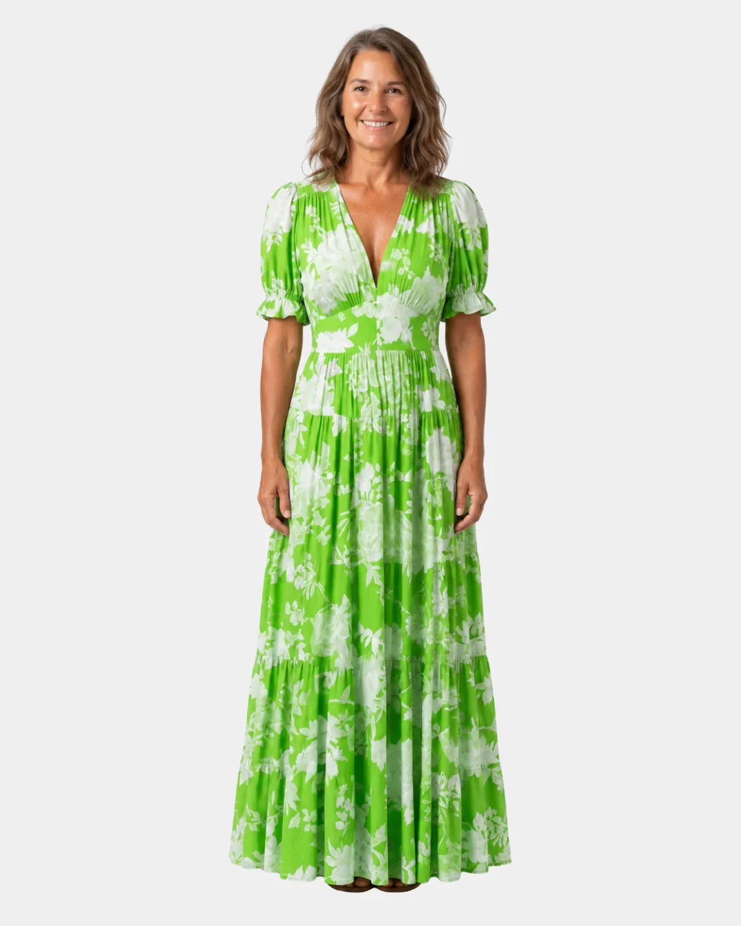 Green floral long dress with V-neck, short puff sleeves, tiered maxi skirt