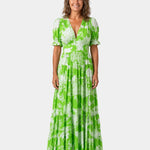 Green floral long dress with V-neck, short puff sleeves, tiered maxi skirt