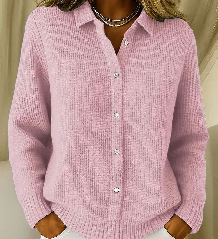 Pink button-front knit cardigan with collared neckline, long sleeves, ribbed hem