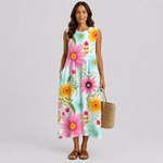 Sleeveless summer dress with colorful floral print, knee-length relaxed fit