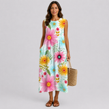 Sleeveless summer dress with colorful floral print, knee-length relaxed fit