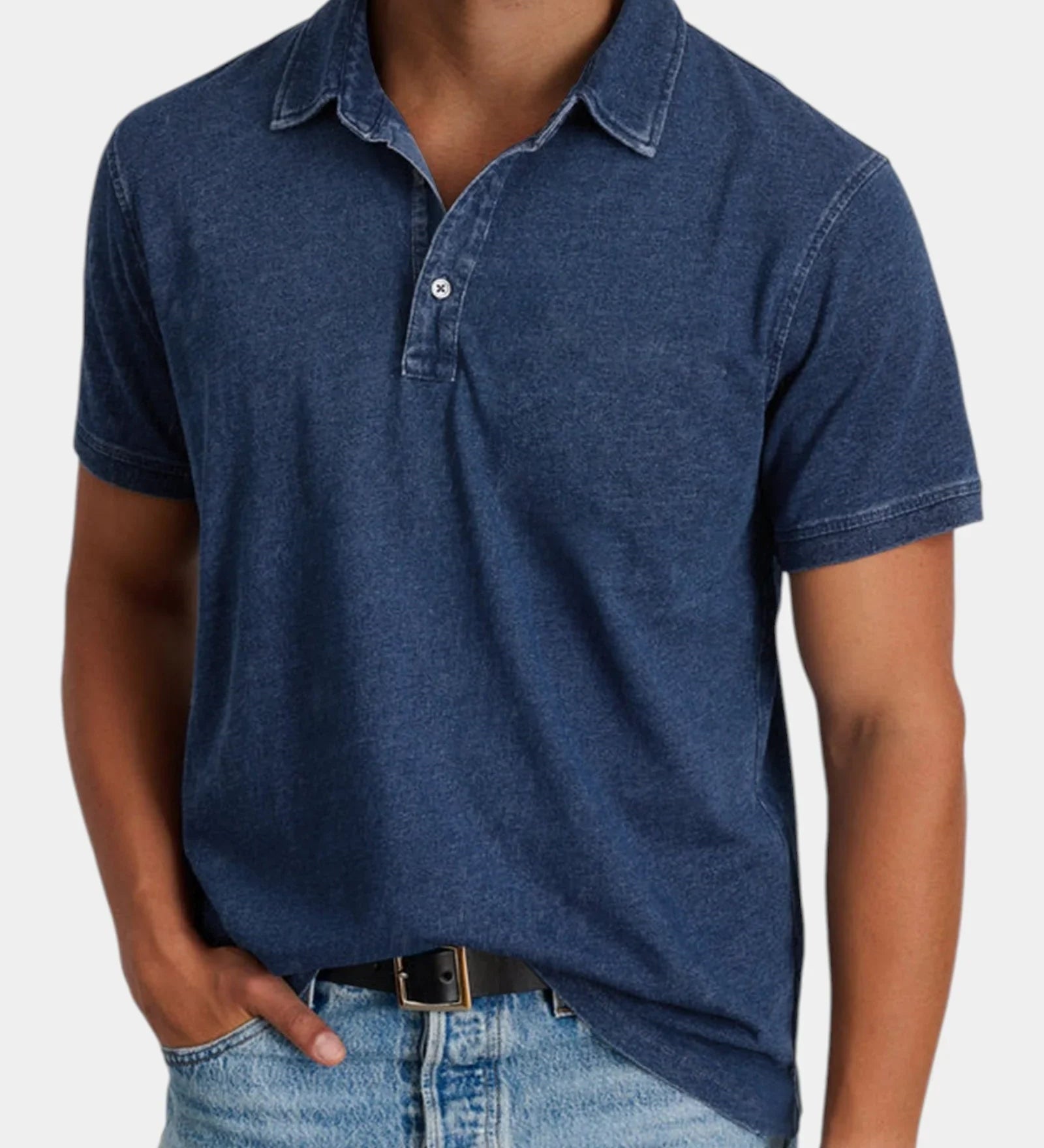 Navy classic polo shirt with short sleeves, button placket, and collared neckline