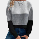 Crewneck knit pullover with long sleeves, light gray to dark gray stripe at hem