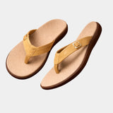 Orthopedic arch-support sandals, yellow flip-flops with adjustable gold-tone buckle strap
