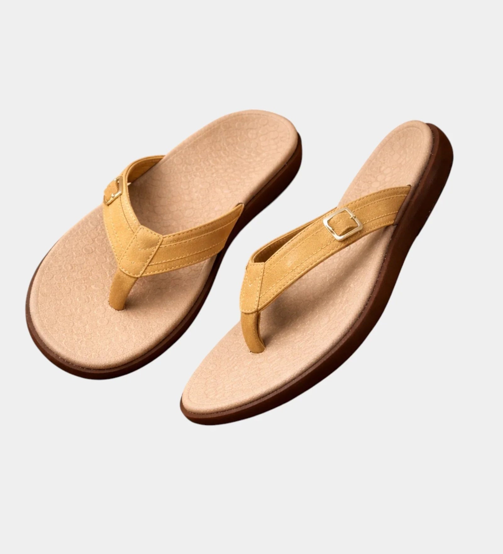 Orthopedic arch-support sandals, yellow flip-flops with adjustable gold-tone buckle strap