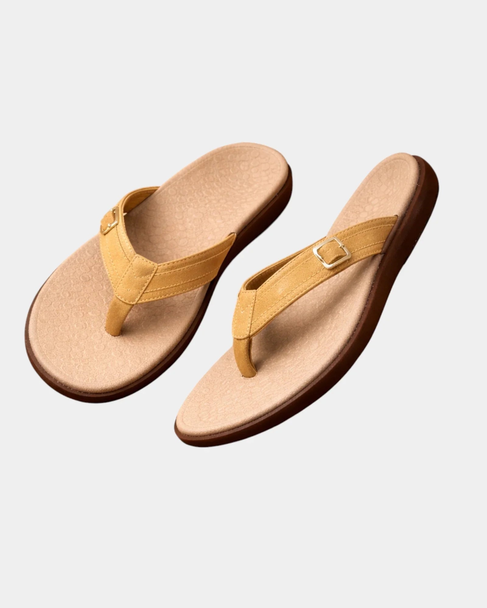 Orthopedic arch-support sandals, yellow flip-flops with adjustable gold-tone buckle strap