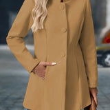 Camel button-front daily jacket with long sleeves and stand collar.