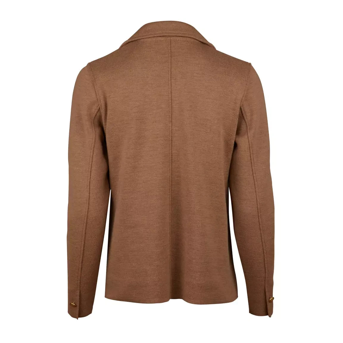 Camel merino knit cardigan back view with center seam and long sleeves