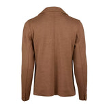 Camel merino knit cardigan back view with center seam and long sleeves