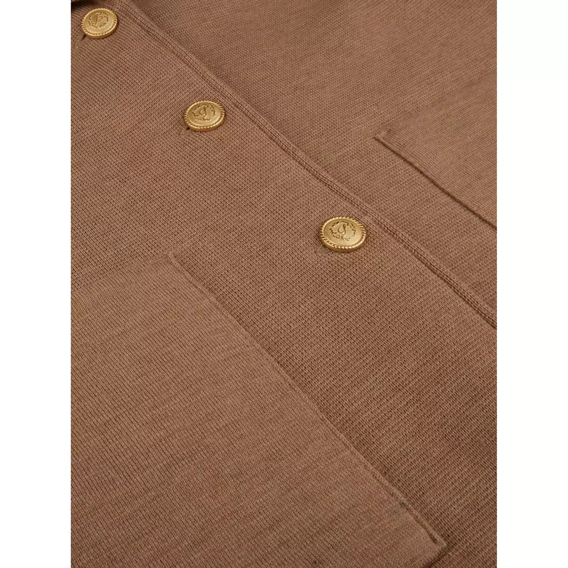Camel merino knit cardigan button placket close-up with three logo buttons