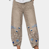 3/4-length casual pants, khaki with blue floral bird print on lower panels
