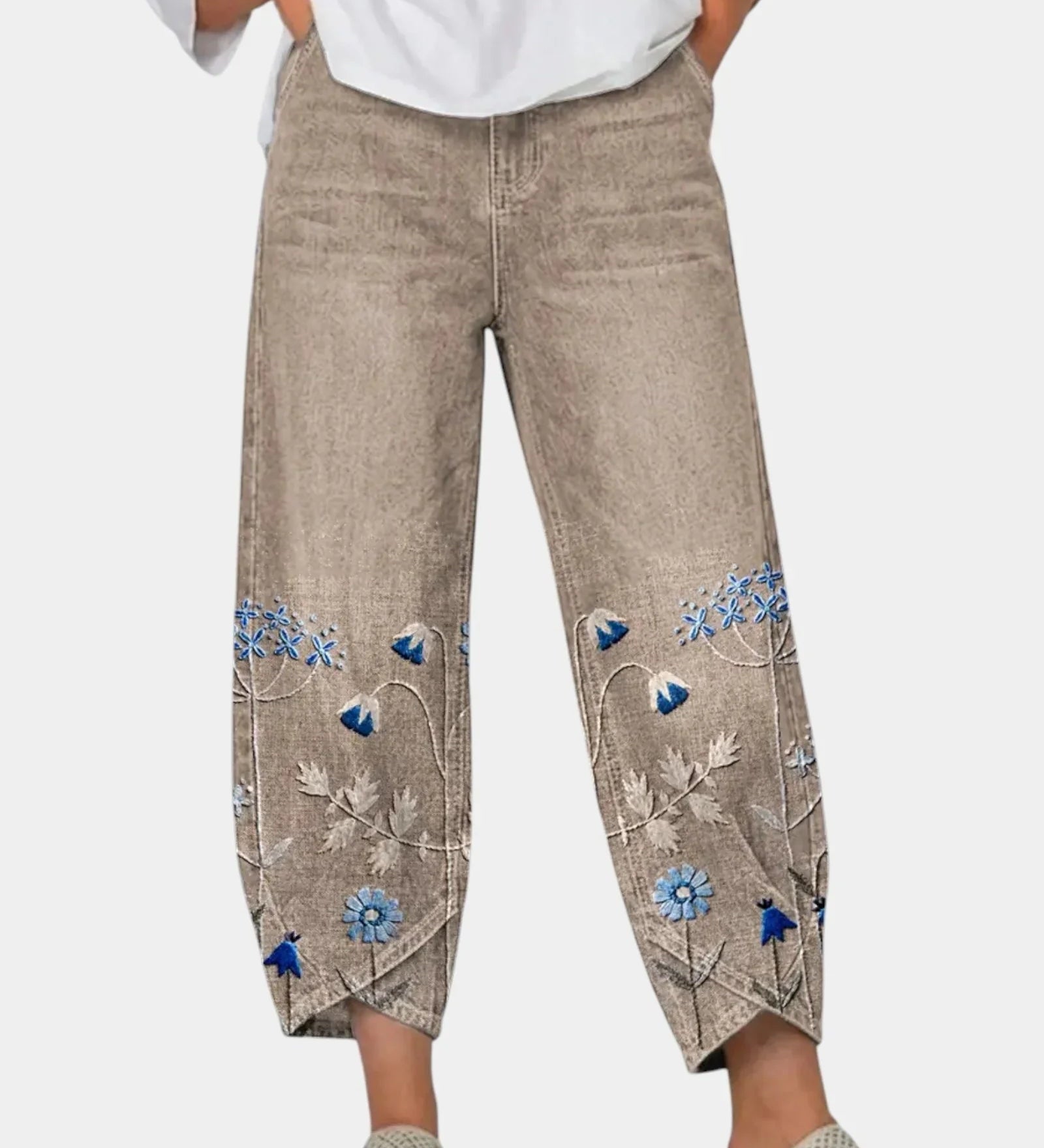 3/4-length casual pants, khaki with blue floral bird print on lower panels