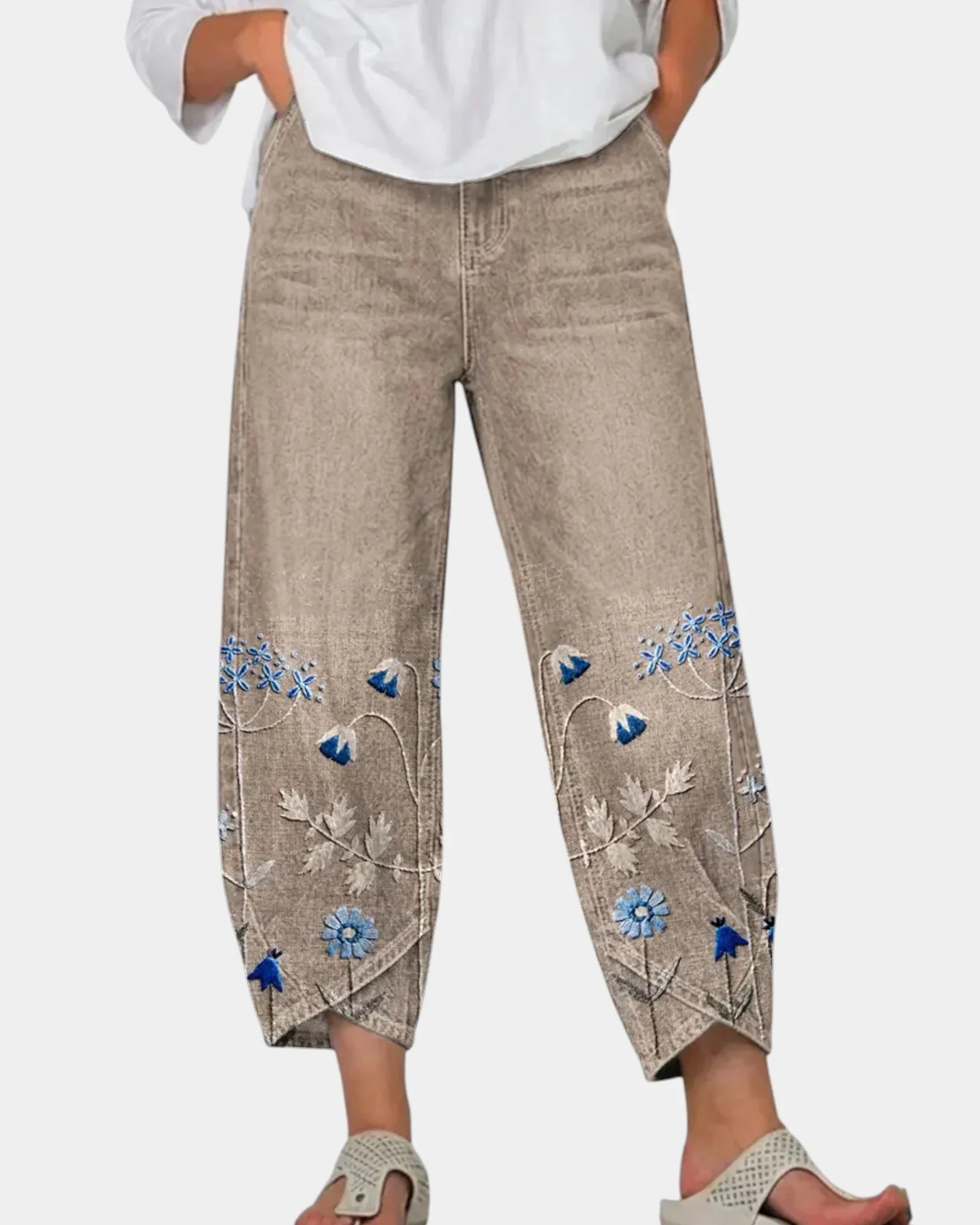 3/4-length casual pants, khaki with blue floral bird print on lower panels