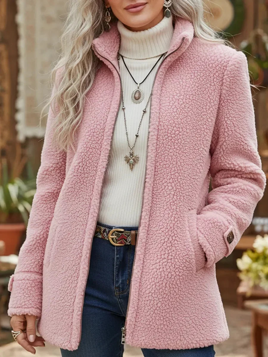 Pink soft mid-length textured coat with zip front and side pockets