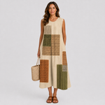 Sleeveless midi summer dress in cream with multicolor striped panel design